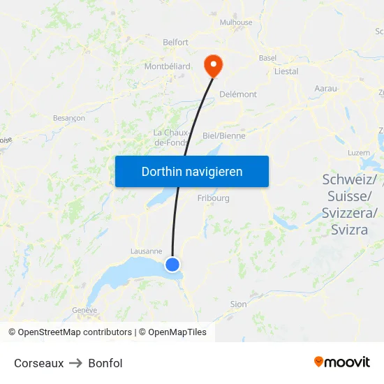 Corseaux to Bonfol map