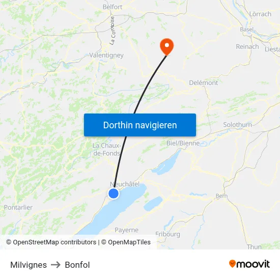 Milvignes to Bonfol map