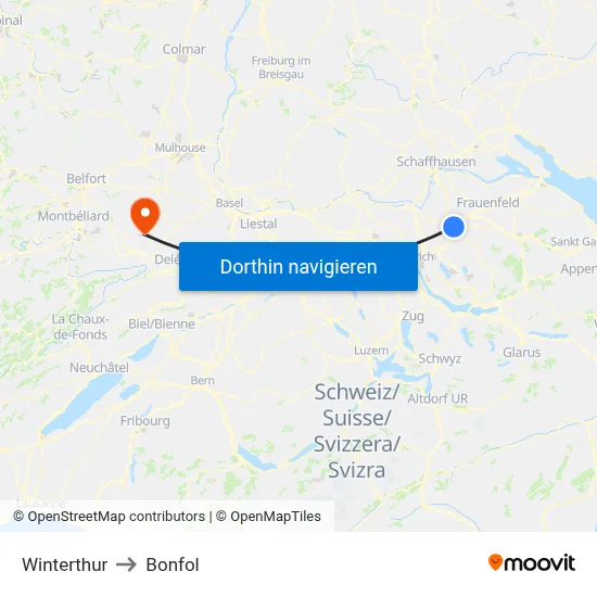 Winterthur to Bonfol map