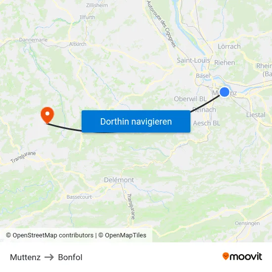Muttenz to Bonfol map