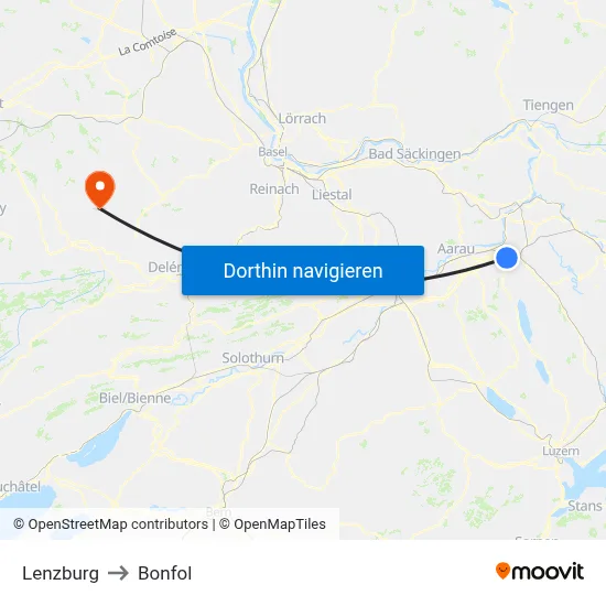 Lenzburg to Bonfol map