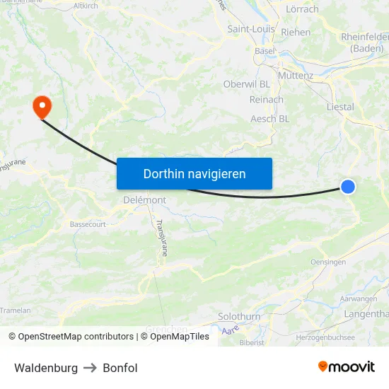 Waldenburg to Bonfol map
