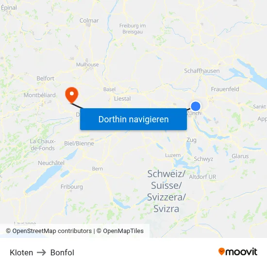 Kloten to Bonfol map