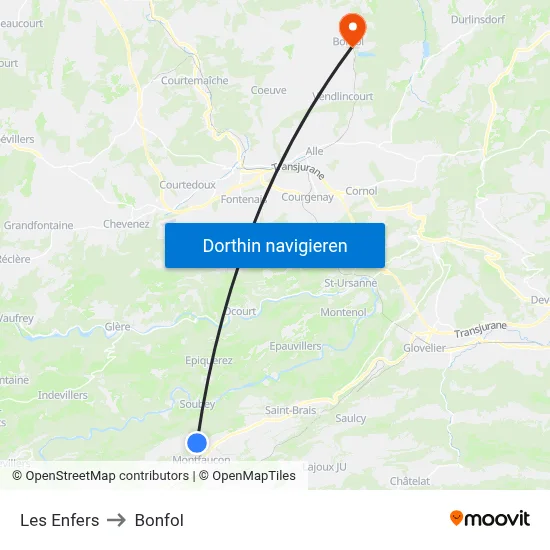 Les Enfers to Bonfol map