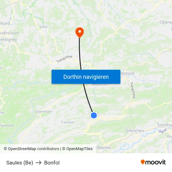 Saules (Be) to Bonfol map