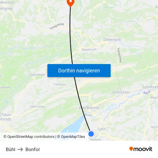 Bühl to Bonfol map