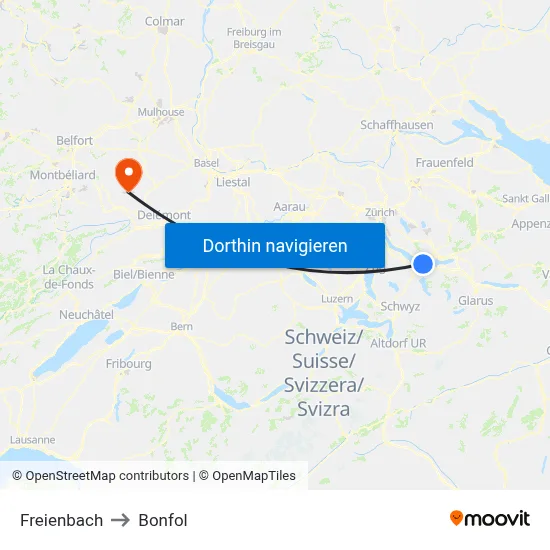 Freienbach to Bonfol map