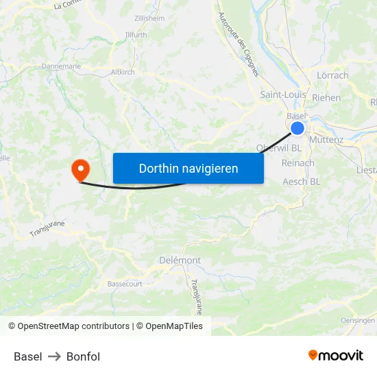 Basel to Bonfol map