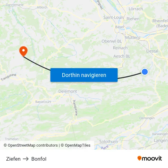 Ziefen to Bonfol map