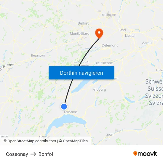 Cossonay to Bonfol map