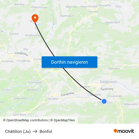 Châtillon (Ju) to Bonfol map