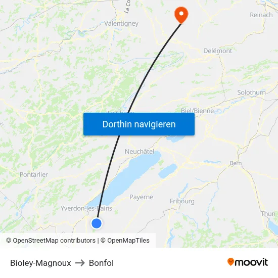 Bioley-Magnoux to Bonfol map