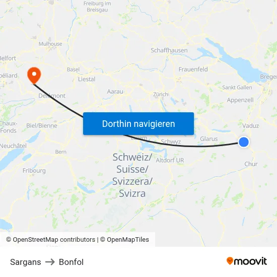 Sargans to Bonfol map