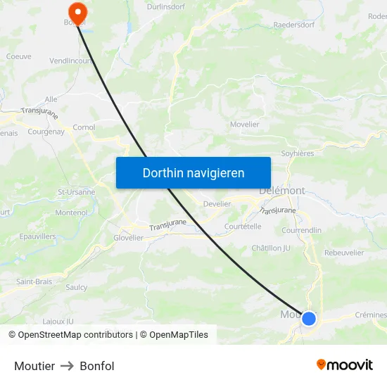 Moutier to Bonfol map