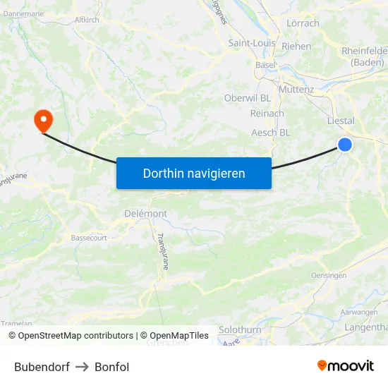 Bubendorf to Bonfol map