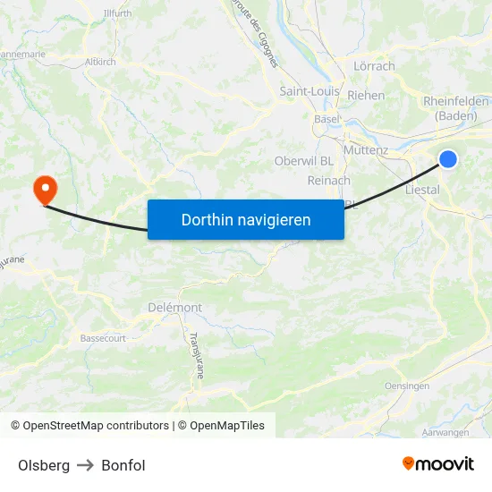 Olsberg to Bonfol map