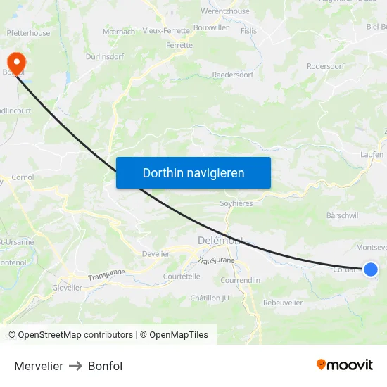 Mervelier to Bonfol map
