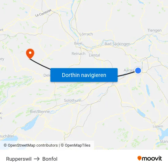Rupperswil to Bonfol map