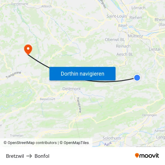Bretzwil to Bonfol map