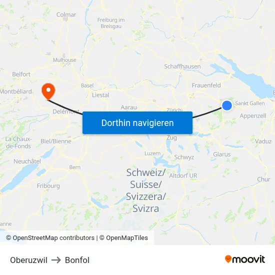 Oberuzwil to Bonfol map
