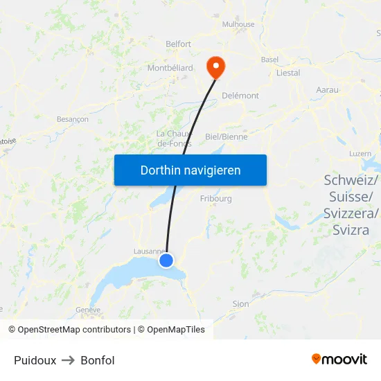 Puidoux to Bonfol map