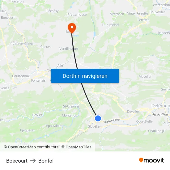 Boécourt to Bonfol map