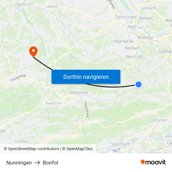 Nunningen to Bonfol map