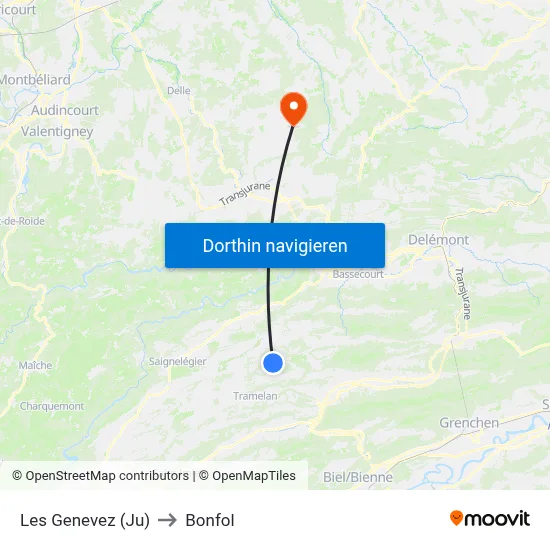 Les Genevez (Ju) to Bonfol map