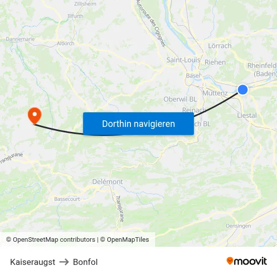 Kaiseraugst to Bonfol map