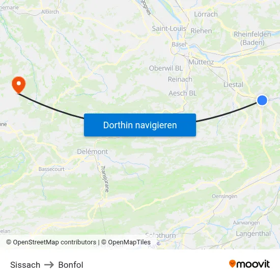 Sissach to Bonfol map