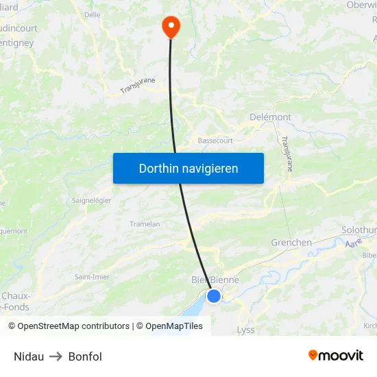 Nidau to Bonfol map