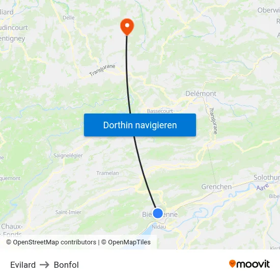 Evilard to Bonfol map