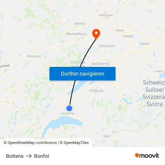 Bottens to Bonfol map
