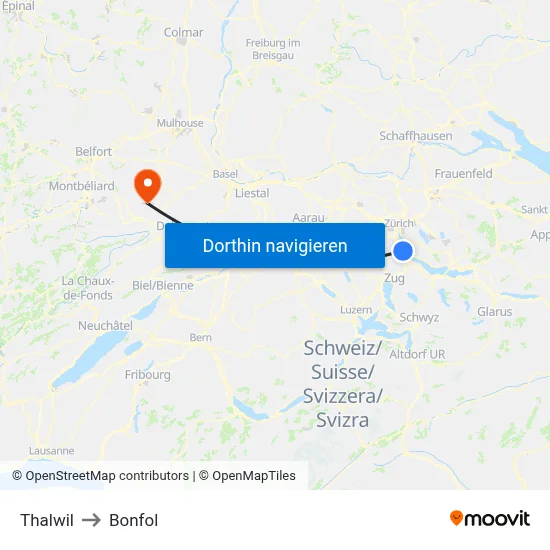 Thalwil to Bonfol map