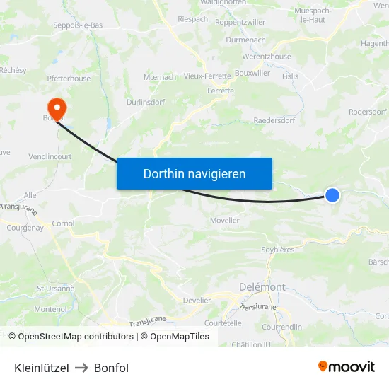 Kleinlützel to Bonfol map