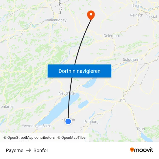 Payerne to Bonfol map