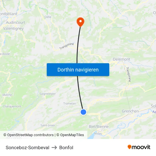 Sonceboz-Sombeval to Bonfol map