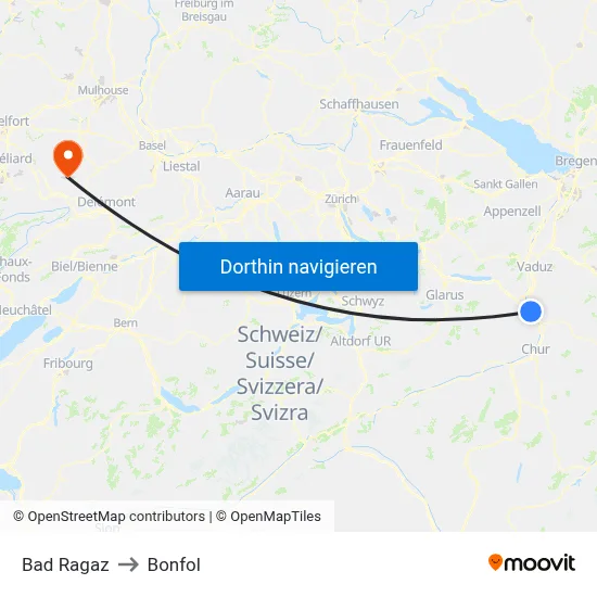 Bad Ragaz to Bonfol map