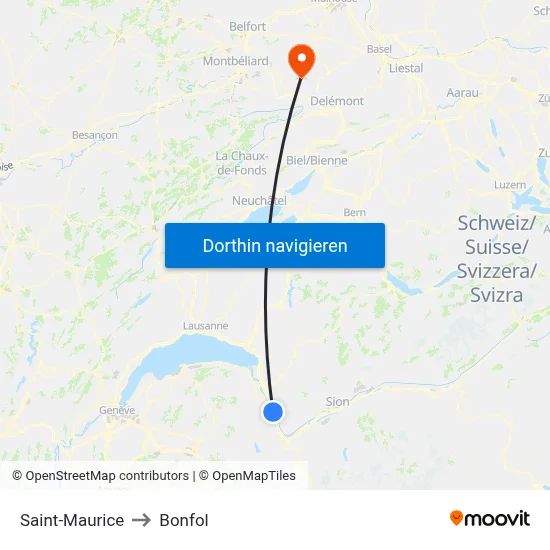 Saint-Maurice to Bonfol map