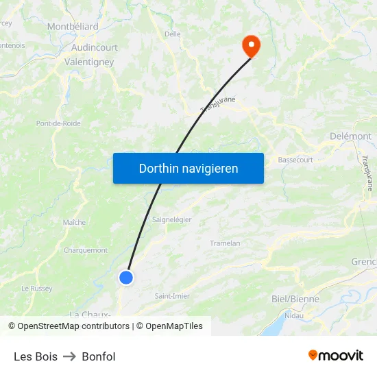 Les Bois to Bonfol map