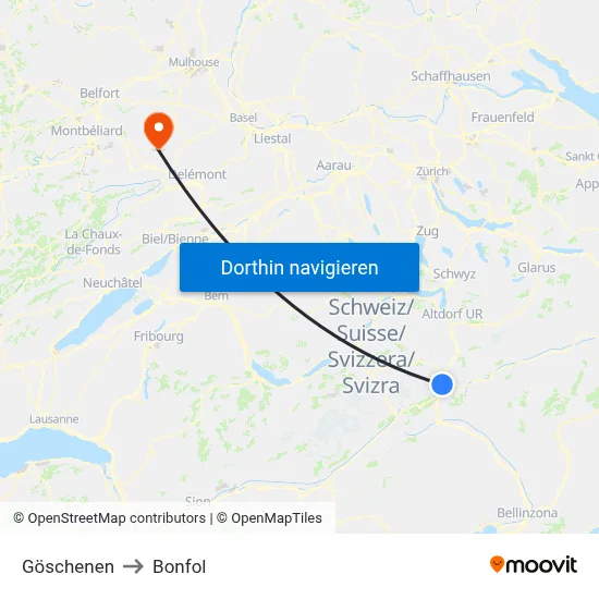 Göschenen to Bonfol map