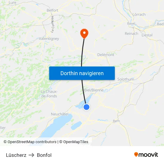 Lüscherz to Bonfol map