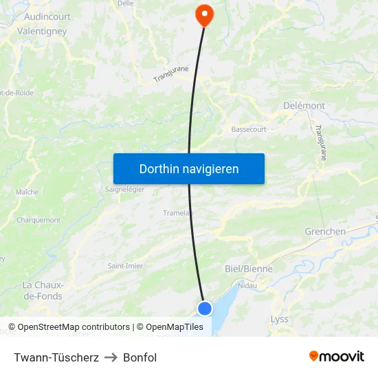 Twann-Tüscherz to Bonfol map