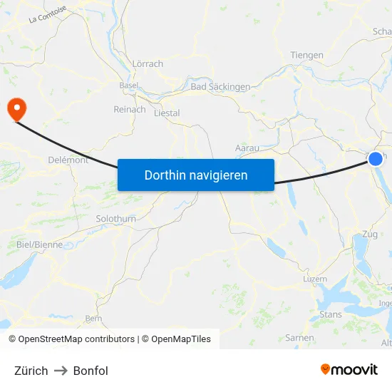 Zürich to Bonfol map