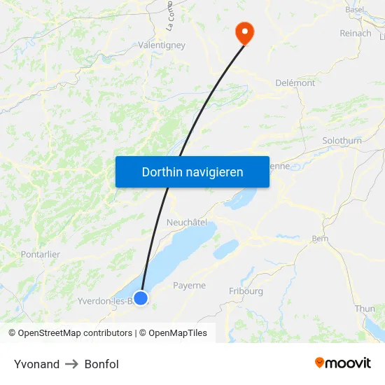 Yvonand to Bonfol map