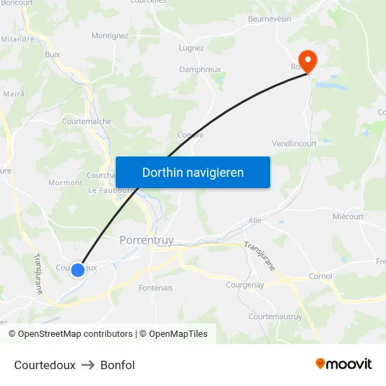 Courtedoux to Bonfol map