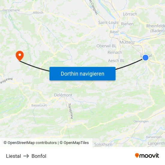 Liestal to Bonfol map