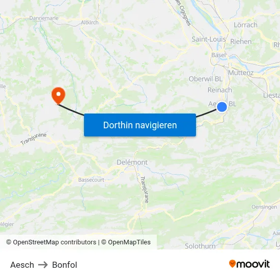 Aesch to Bonfol map