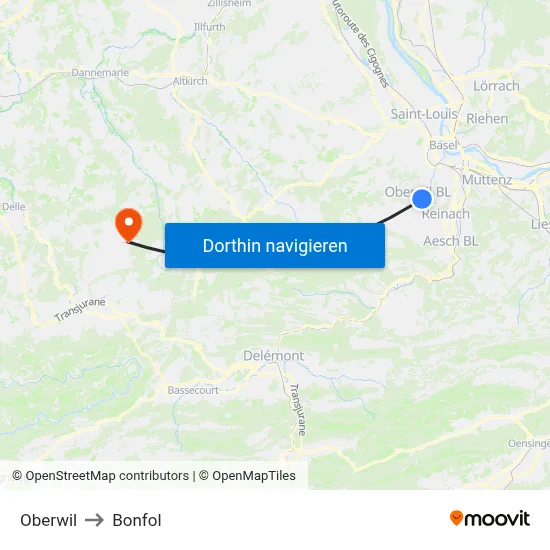 Oberwil to Bonfol map