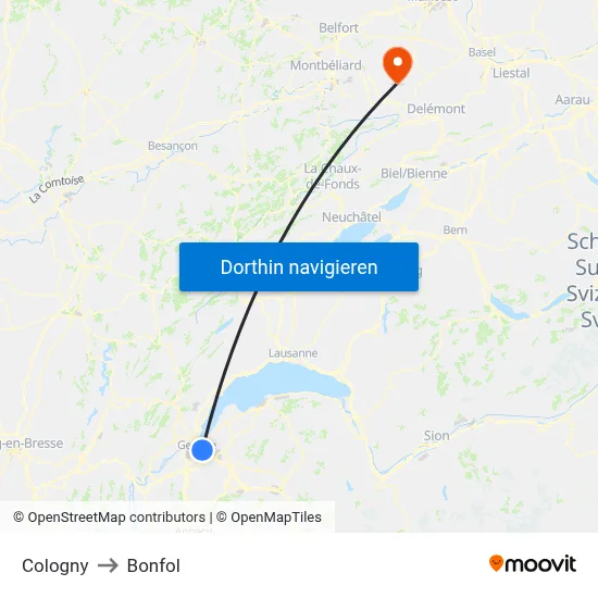 Cologny to Bonfol map